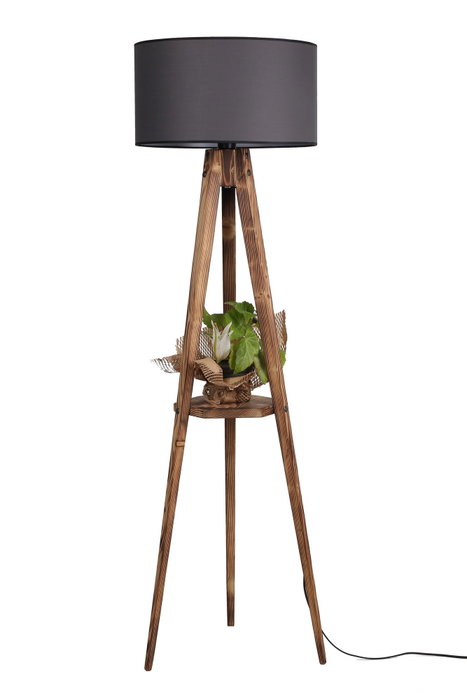 Opviq Lámpara de Pie de Madera con Estante y Pantalla de Tela Gris y Marrón